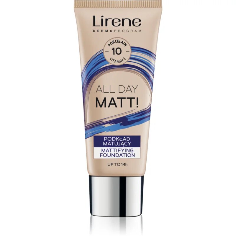 Lirene ALL DAY MATT! mattító folyékony alapozó a hosszan tartó hatásért árnyalat 10 Porcelain 30 ml