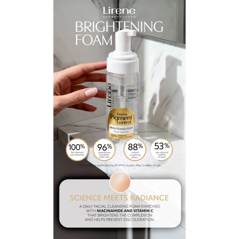 Lirene Derma Pigment Control Brightening Foam bőrvilágosító tisztító hab a hiperpigmentációs bőrre 150 ml