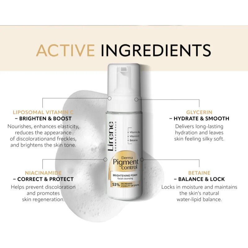 Lirene Derma Pigment Control Brightening Foam bőrvilágosító tisztító hab a hiperpigmentációs bőrre 150 ml
