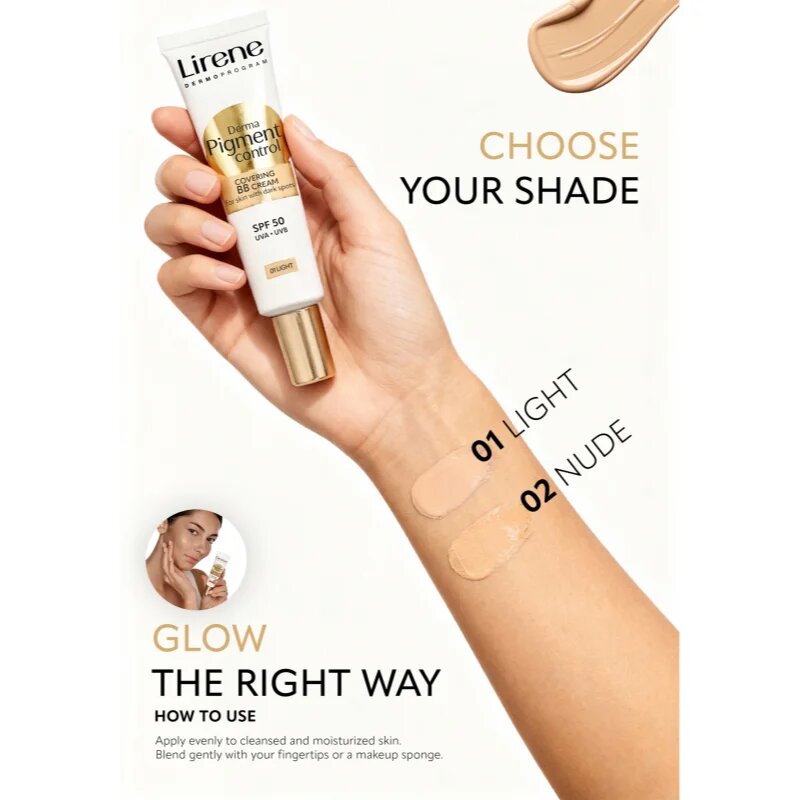 Lirene Derma Pigment Control Covering BB Cream SPF 50 bőrvilágosító BB krém pigmentfoltok ellen árnyalat 01 Light 30 ml
