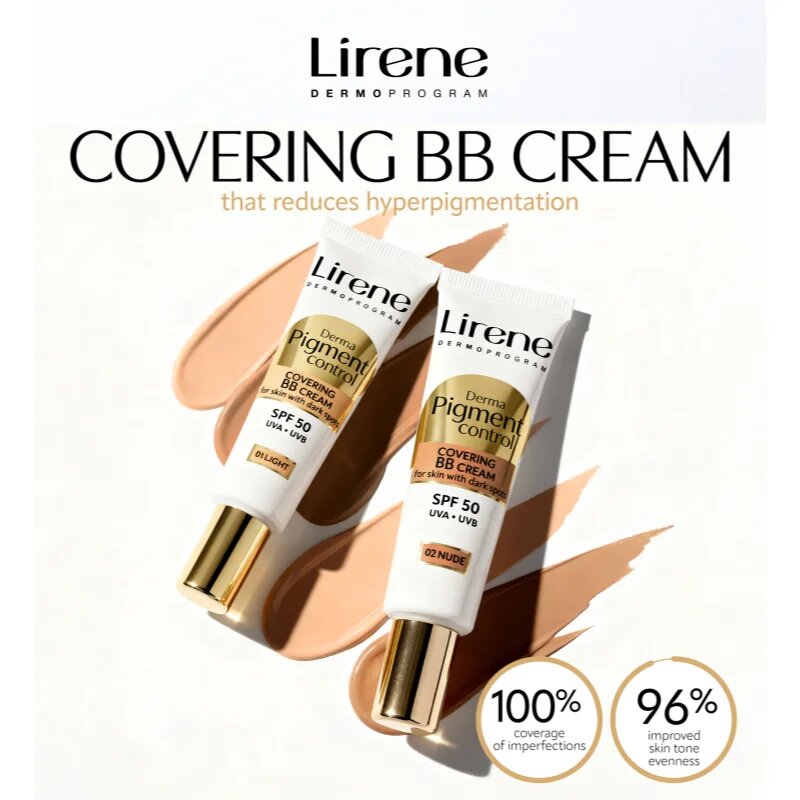Lirene Derma Pigment Control Covering BB Cream SPF 50 bőrvilágosító BB krém pigmentfoltok ellen árnyalat 01 Light 30 ml