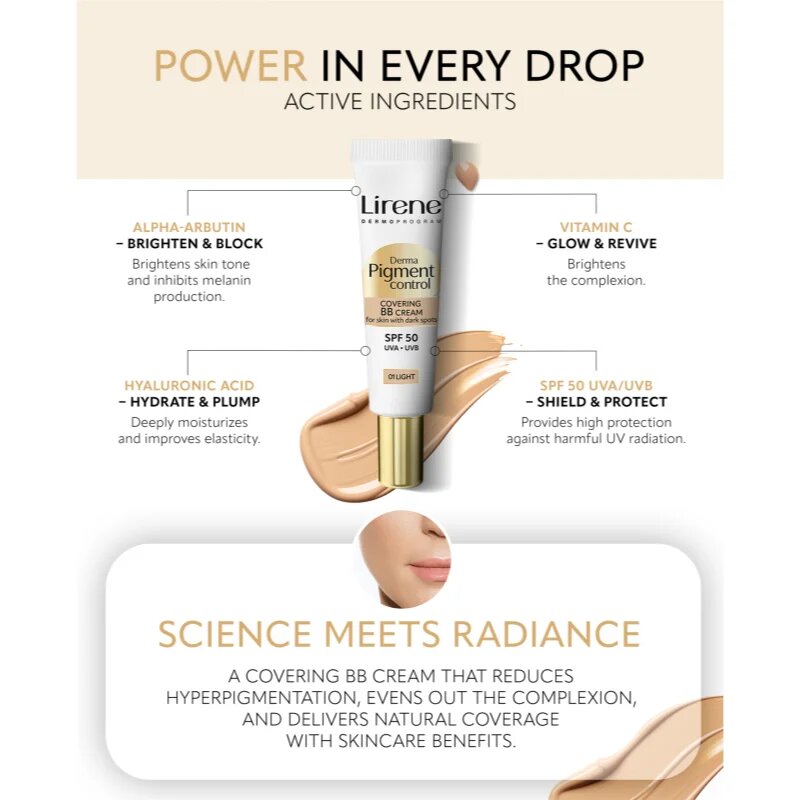 Lirene Derma Pigment Control Covering BB Cream SPF 50 bőrvilágosító BB krém pigmentfoltok ellen árnyalat 01 Light 30 ml
