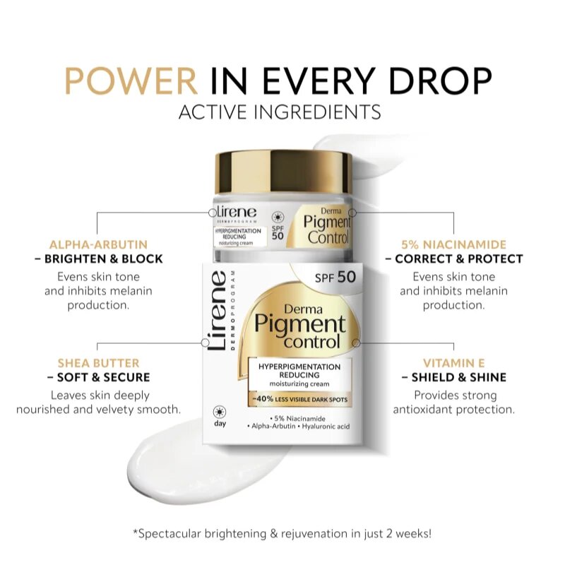 Lirene Derma Pigment Control Cream SPF 50 élénkítő hidratáló krém a pigment foltok ellen SPF 50 50 ml