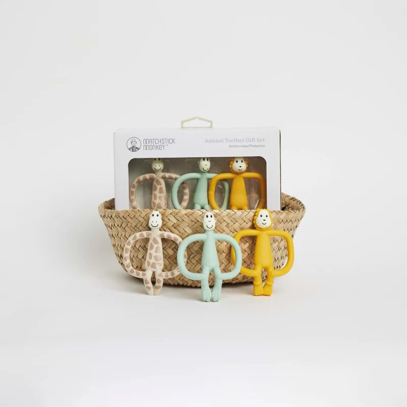 Matchstick Monkey Animal Teether Gift Set ajándékszett gyermekeknek Giraffe Gigi Lion Luda Monkey Mint