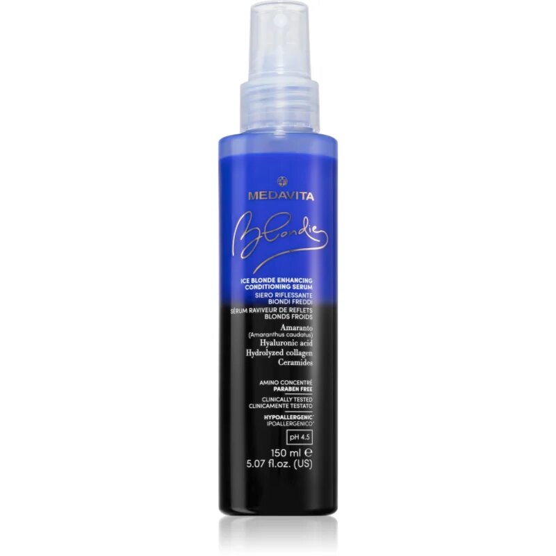 Medavita Blondie Ice Blonde Enhancing Conditioning Serum öblítést nem igénylő spray kondicionáló a szőke hideg árnyalataiért pH 4.5 150 ml