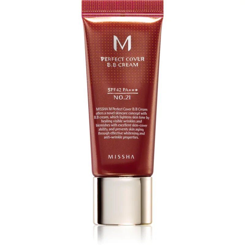 Missha M Perfect Cover BB krém nagyon magas UV védelemmel kis csomagolás árnyalat No. 21 Light Beige SPF 42/PA+++ 20 ml