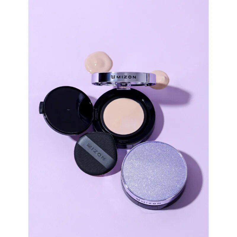 Mizon Vegan Collagen Cushion SPF38 PA++ tartós alapozó sminkszivaccsal magas UV védelemmel árnyalat #23 Natural Sand Beige 2x15 g