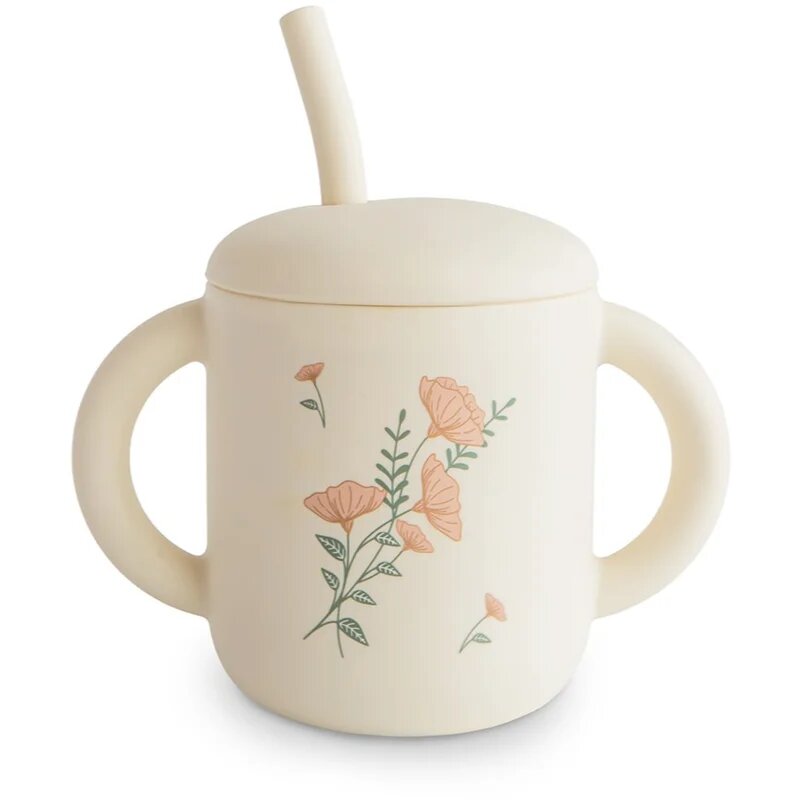 Mushie Silicone Training Cup Pink Flowers bögre szívószállal 1 db