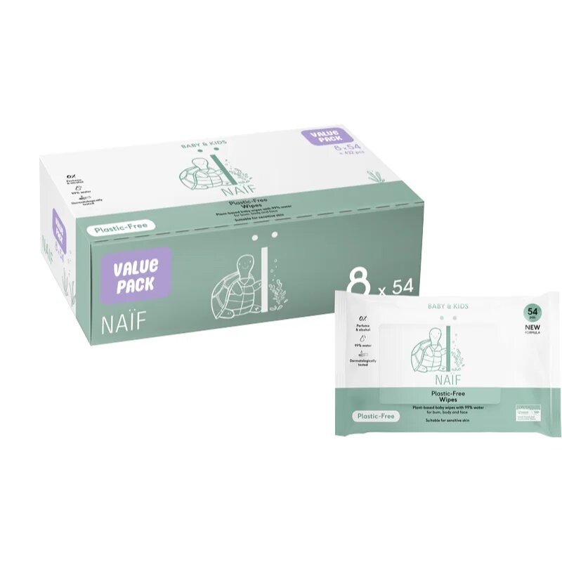 Naif Baby & Kids Plastic Free Wipes nedves törlőkendők gyermekeknek születéstől kezdődően 8x54 db