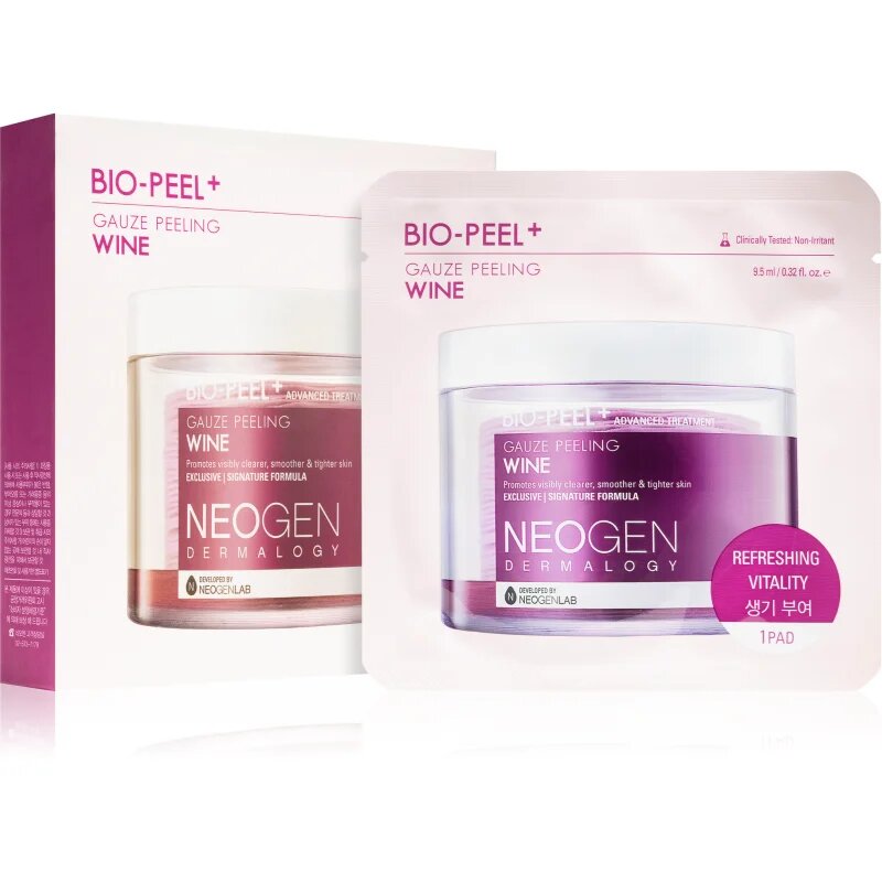 Neogen Dermalogy Bio-Peel+ Gauze Peeling Wine arctisztító peeling párnácskát a bőr kisimításáért és a pórusok minimalizásáért 8 db