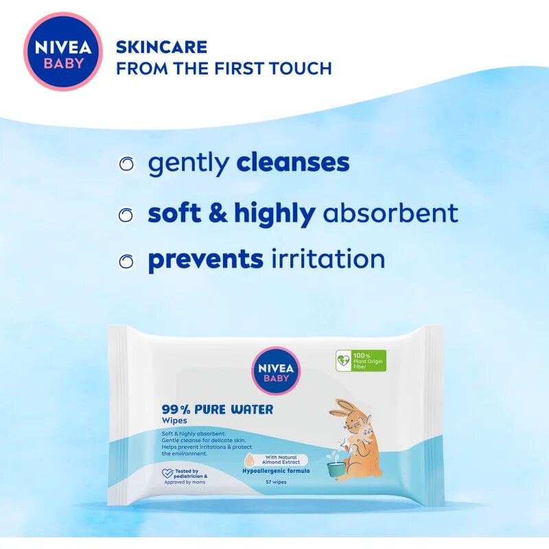 Nivea BABY Pure Water frissítő nedves törlőkendők 57 db