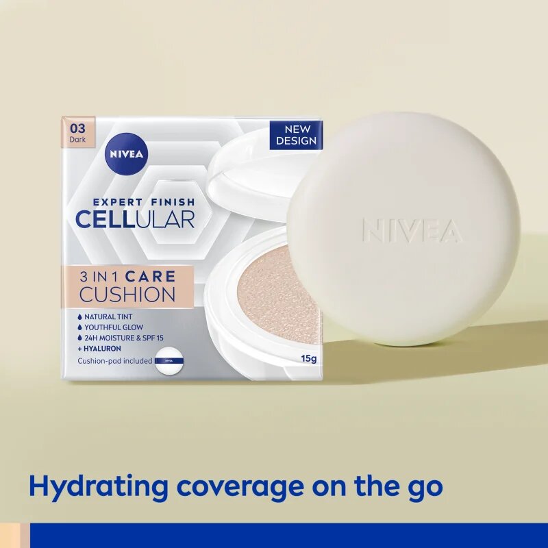 Nivea Hyaluron Cellular Filler Cushion alapozó sminkszivaccsal 3 az 1-ben árnyalat 03 Dark 15 g