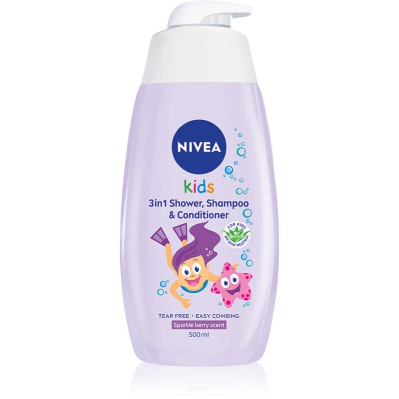 Nivea Kids Sparkle Berry gyengéd tusoló gél és sampon gyermekeknek 3 az 1-ben 500 ml