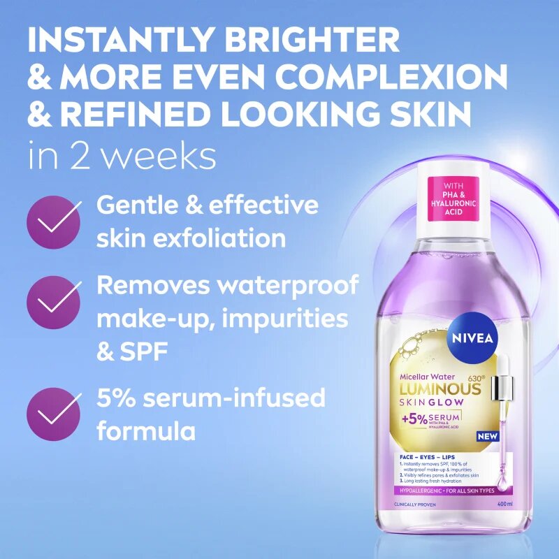 Nivea Luminous Skin Glow tisztító micellás víz az élénk bőrért 400 ml