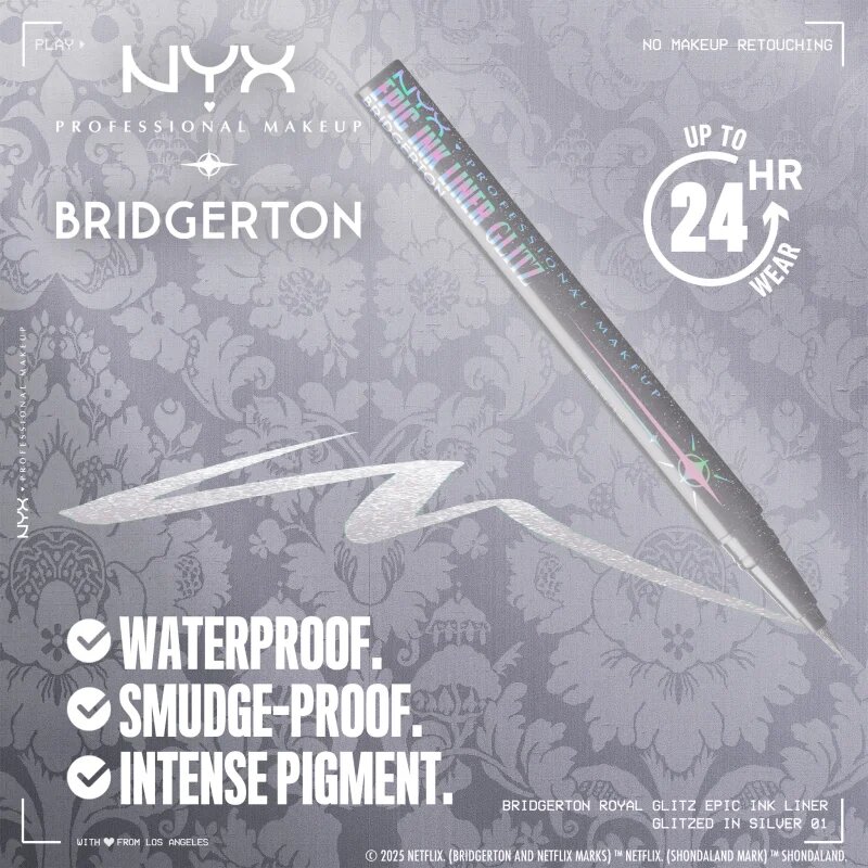 NYX Professional Makeup Bridgerton Royal Epic Ink Liner csillogó szemhéjtus árnyalat 01 Glitzed In Silver 1 ml