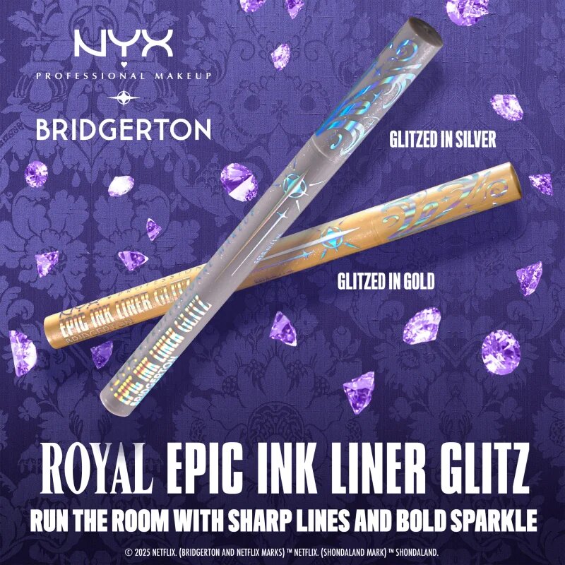 NYX Professional Makeup Bridgerton Royal Epic Ink Liner csillogó szemhéjtus árnyalat 01 Glitzed In Silver 1 ml