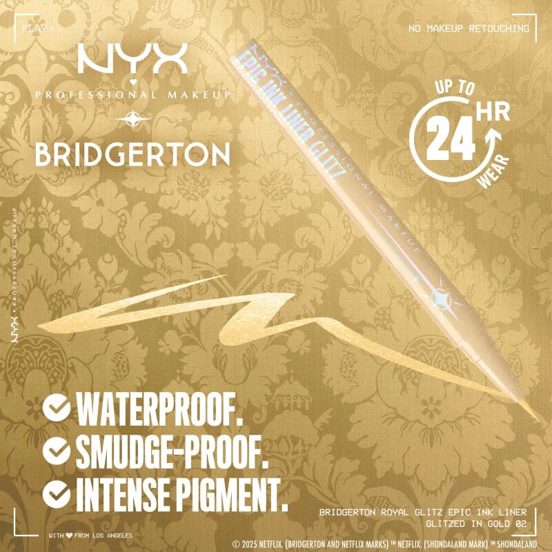 NYX Professional Makeup Bridgerton Royal Epic Ink Liner csillogó szemhéjtus árnyalat 02 Glitzed In Gold 1 ml