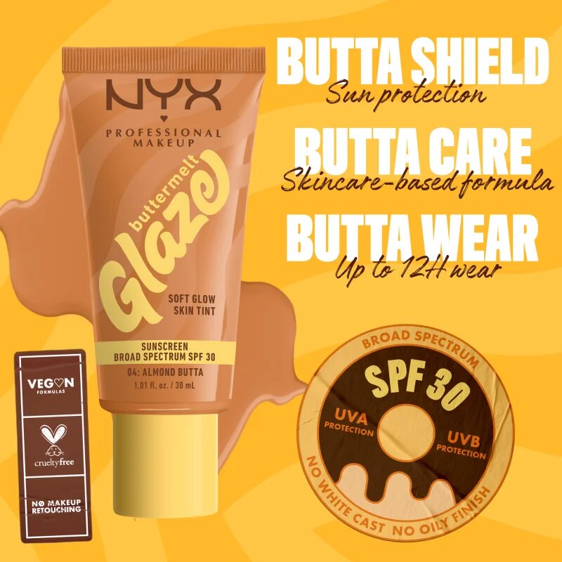 NYX Professional Makeup Buttermelt Glaze világosító tonizáló fluid SPF 30 árnyalat 04 Almond Butta 30 ml