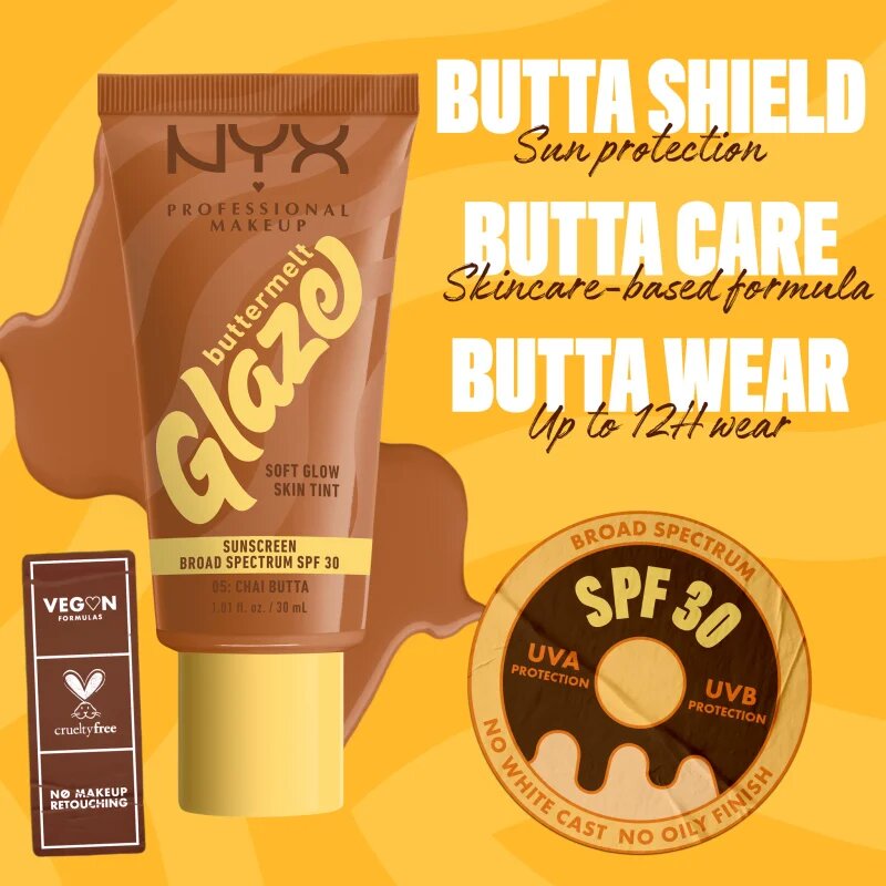 NYX Professional Makeup Buttermelt Glaze világosító tonizáló fluid SPF 30 árnyalat Chai Butta 30 ml