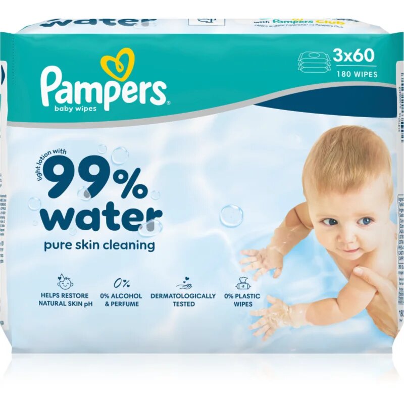 Pampers 99% Water Baby Wipes nedves tisztító törlőkendők gyermekeknek 3x60 db
