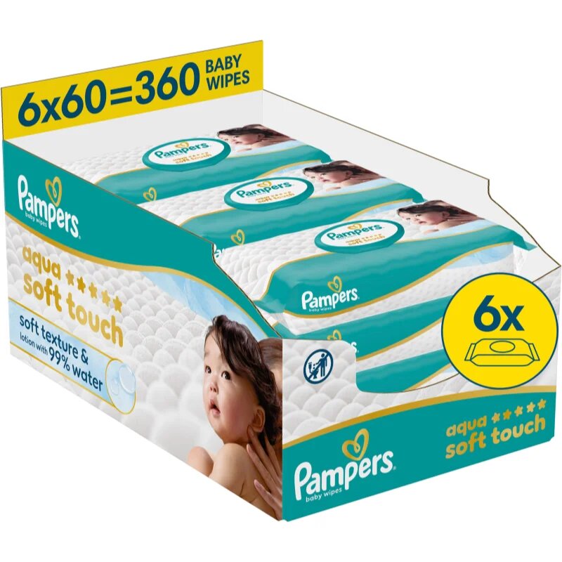 Pampers Aqua Soft Touch nedves tisztító törlőkendők gyermekeknek 6x60 db