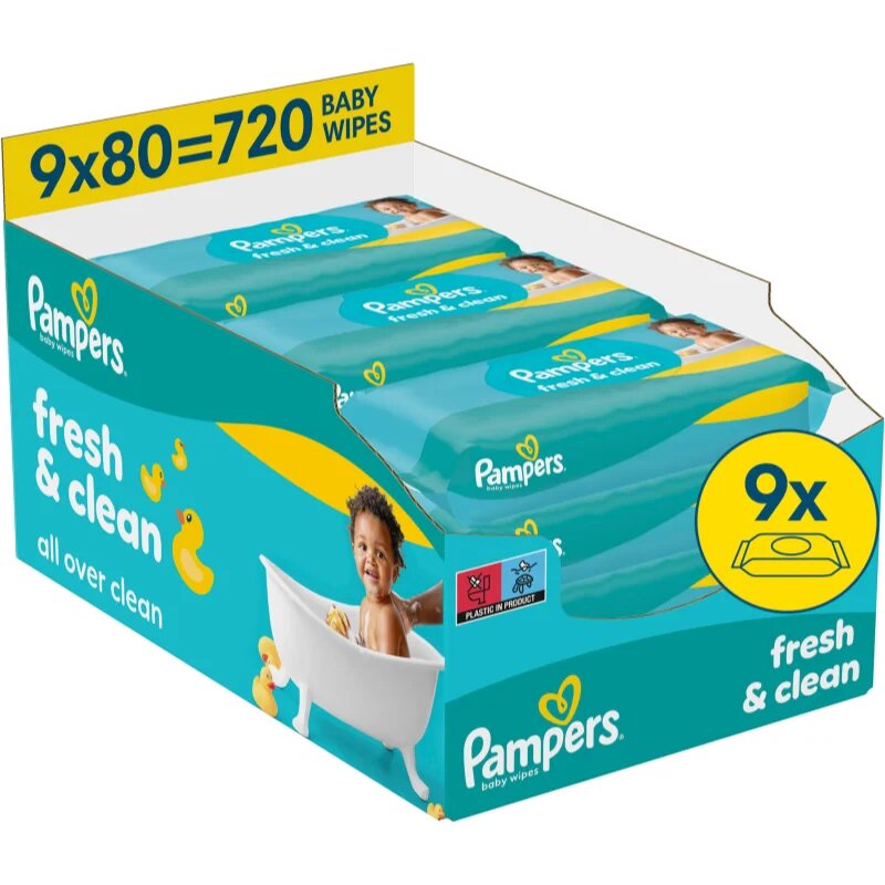Pampers Fresh & Clean nedves tisztító törlőkendők gyermekeknek 9x80 db