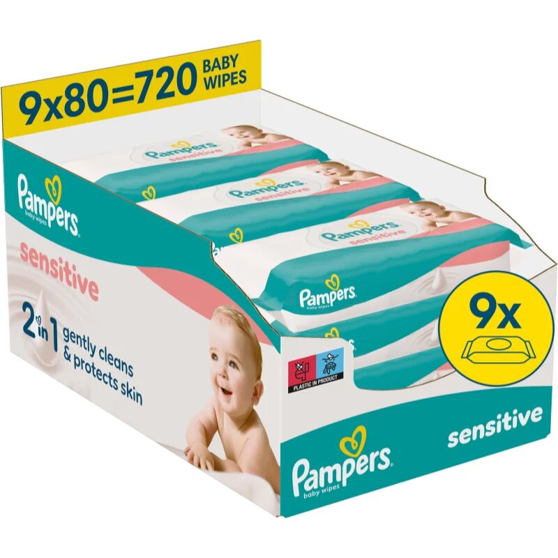 Pampers Sensitive Baby Wipes nedves tisztító törlőkendők gyermekeknek 9x80 db