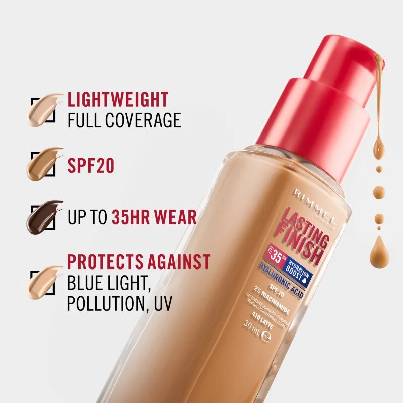 Rimmel Lasting Finish 35H Hydration Boost hidratáló alapozó SPF 20 árnyalat 070 Sesame 30 ml