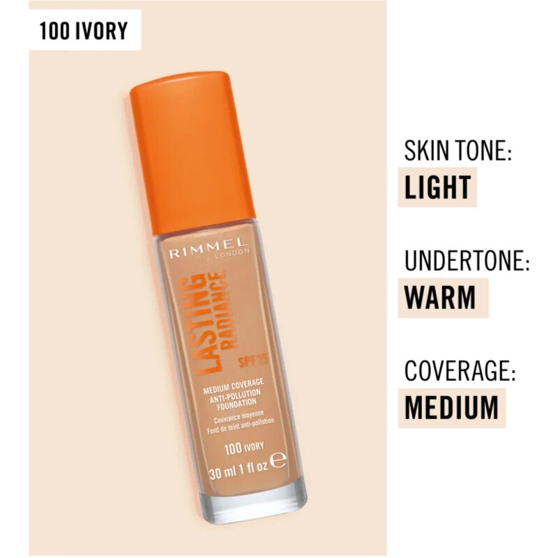 Rimmel Lasting Radiance élénkítő make-up SPF 25 árnyalat 100 Ivory 30 ml