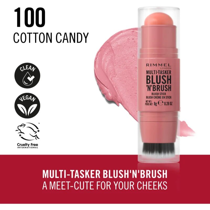 Rimmel Multi-Tasker Blush'N'brush pirosító stick ecsettel árnyalat 100 Cotton Candy 8 g