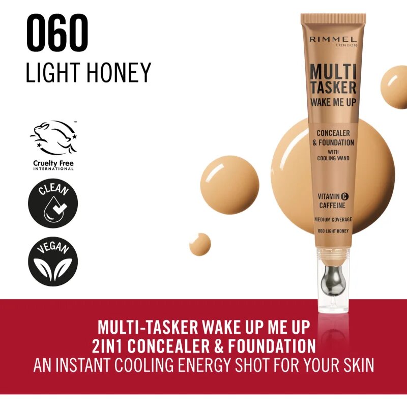 Rimmel Multi-Tasker Wake Me Up alapozó és korrektor az élénk bőrért árnyalat 60 Light Honey 20 ml