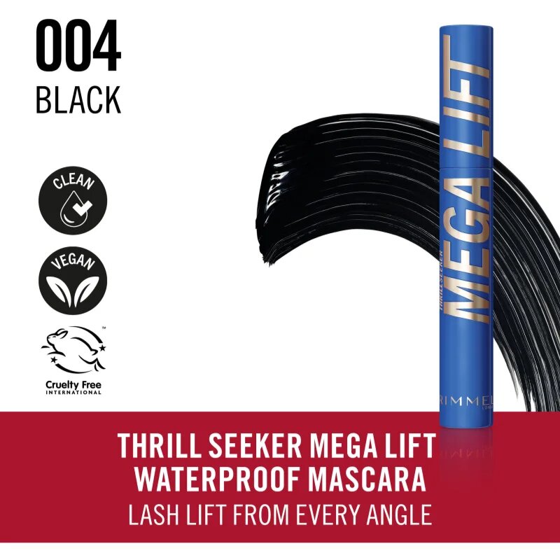Rimmel Thrill Seeker Mega Lift vízálló tömegnövelő szempillaspirál árnyalat 004 Waterproof Black 10 ml