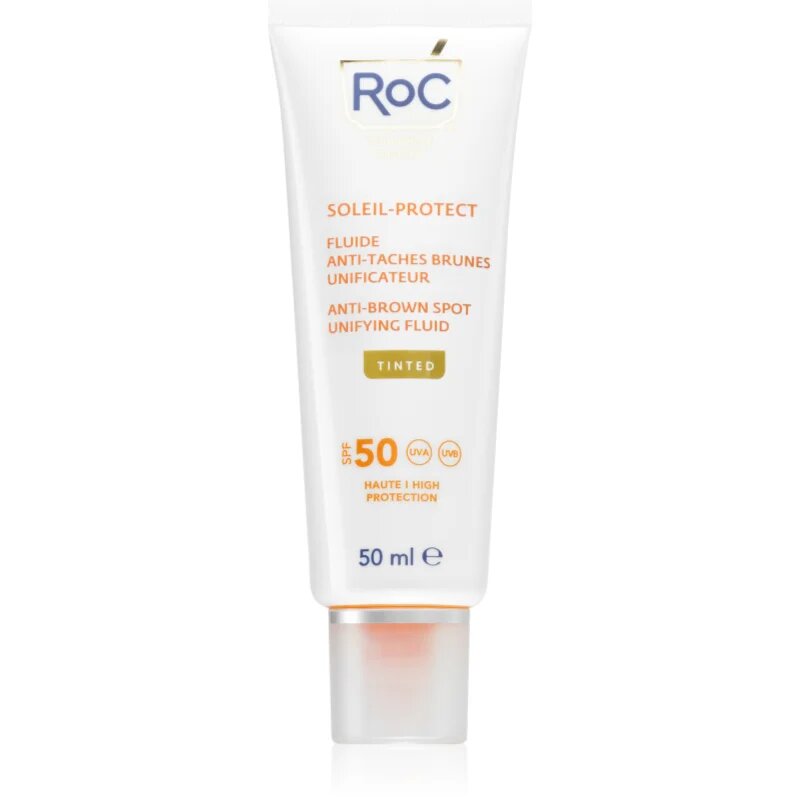 RoC Soleil Protect Anti Brown Spots Unifying Fluid Tinted tonizáló fluid amely egységesíti a bőr tónusait SPF 50 C-vitaminnal 50 ml