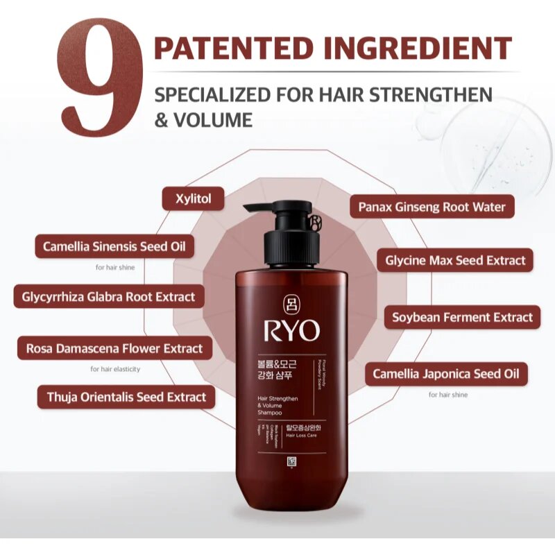RYO Hair Strengthen & Volume Shampoo ápoló és erősítő sampon a hajtérfogat növelésére 480 ml