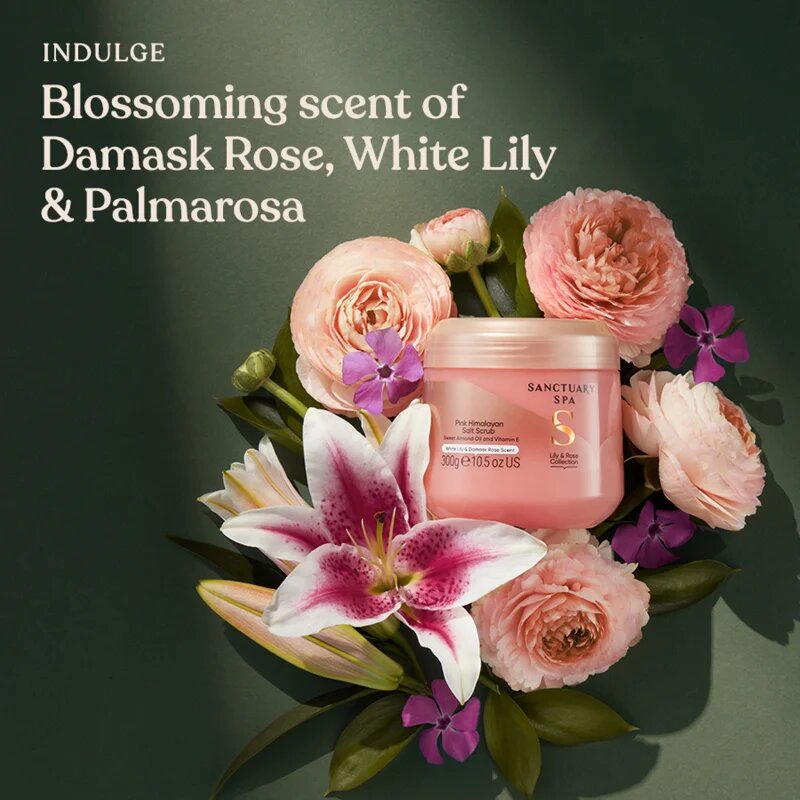 Sanctuary Spa Lily & Rose Collection testápoló peeling virág illattal 300 g