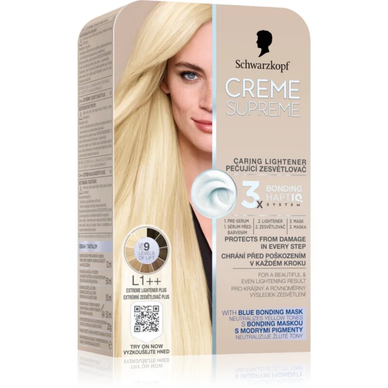 Schwarzkopf Creme Supreme Caring Lightener tartós hajfesték a haj élénkítésére árnyalat L1++ Extreme Lightener Plus 60 ml