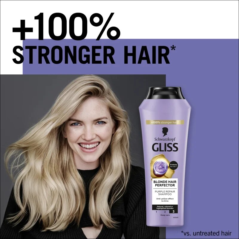 Schwarzkopf Gliss Blonde Hair Perfector hajsampon semlegesíti a sárgás tónusokat 250 ml