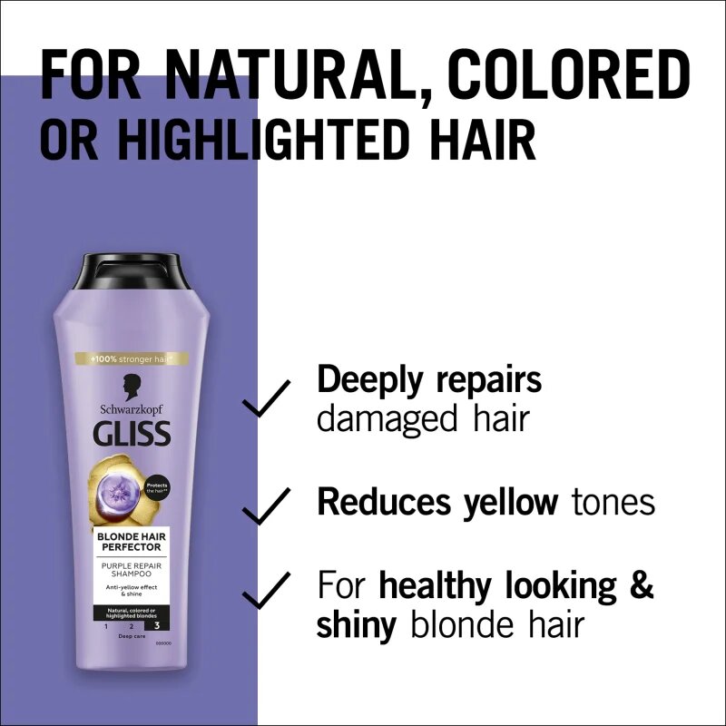 Schwarzkopf Gliss Blonde Hair Perfector hajsampon semlegesíti a sárgás tónusokat 250 ml