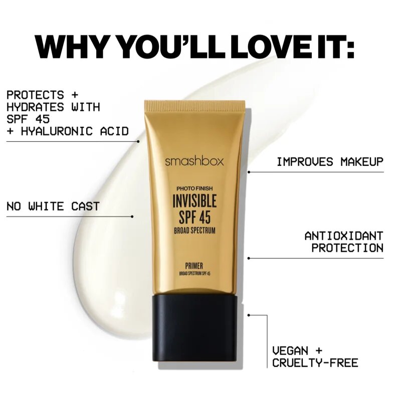 Smashbox Photo Finish Invisible Primer Egységesítő sminkalap SPF 45 10 ml