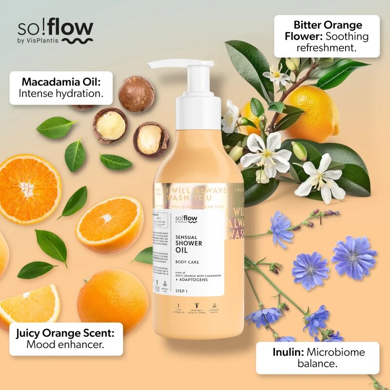 so!flow Sensual Shower Oil tusoló olaj száraz bőrre Orange with Cardamom 400 ml