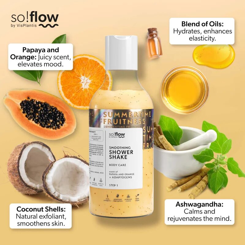 so!flow Smoothing Shower Shake tusfürdő gél minden bőrtípusra Papaya & Orange 400 ml