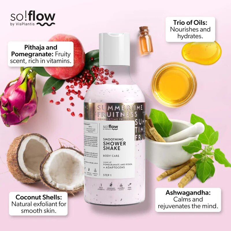 so!flow Smoothing Shower Shake tusfürdő gél minden bőrtípusra Pithaja & Pomegranate 400 ml