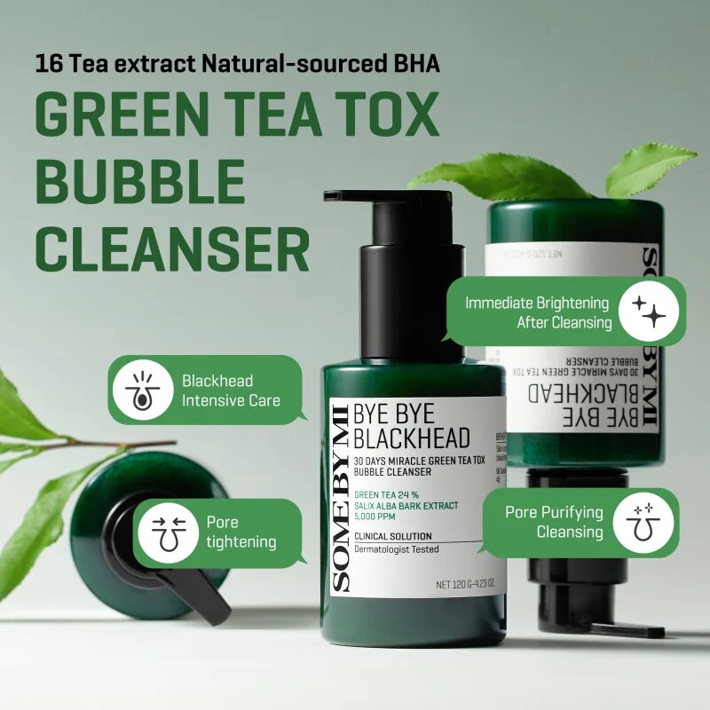 Some By Mi Bye Bye Blackhead 30 Days Miracle Green Tea Tox Bubble Cleanser aktív tisztító hab a mitesszerek ellen 120 g