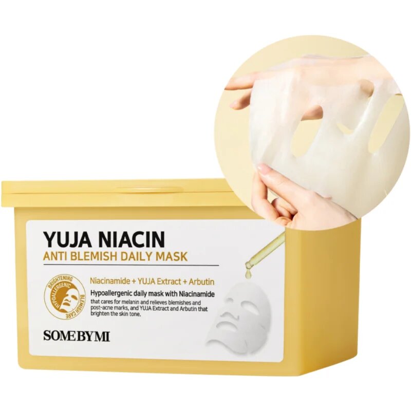 Some By Mi Yuja Niacin Anti Blemish Daily Mask fehérítő gézmaszk egységesíti a bőrszín tónusait nagy csomagolás 30 db