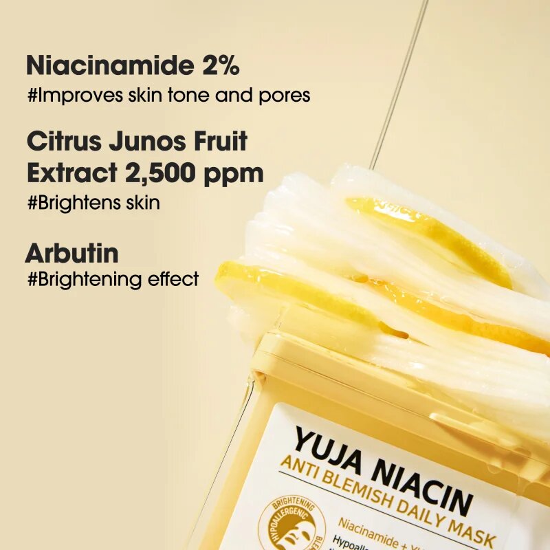 Some By Mi Yuja Niacin Anti Blemish Daily Mask fehérítő gézmaszk egységesíti a bőrszín tónusait nagy csomagolás 30 db