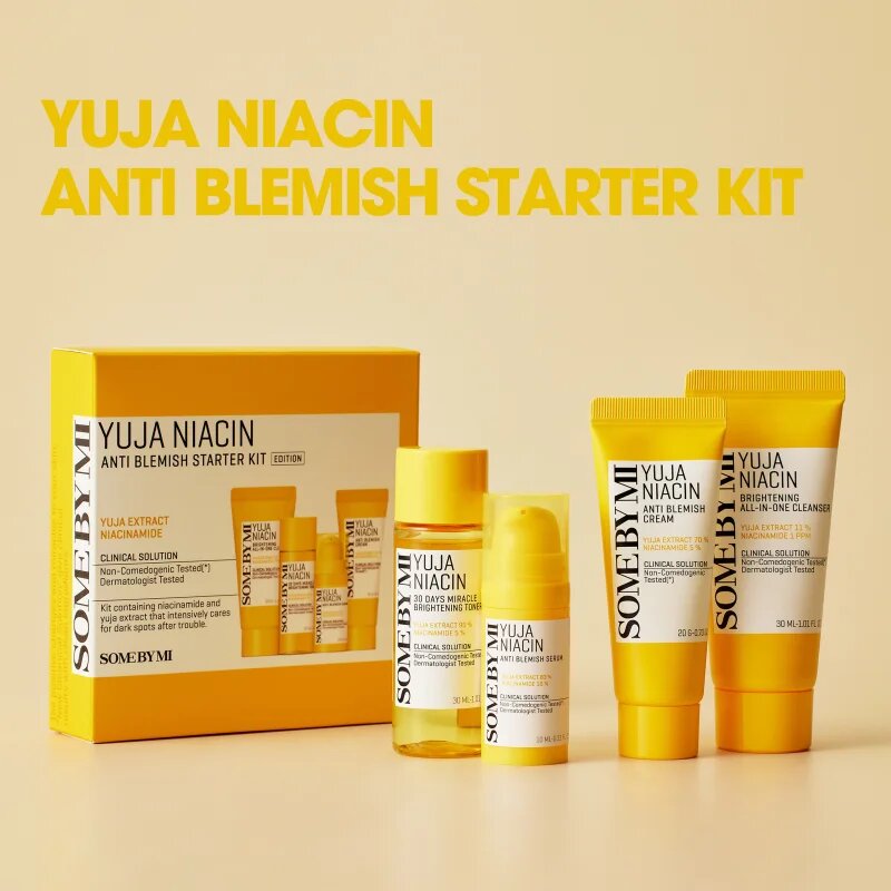Some By Mi Yuja Niacin Anti Blemish Starter Kit utazási készlet egységesíti a bőrszín tónusait