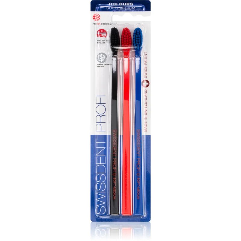 Swissdent Profi Colours fogkefék soft - medium black red blue 3 db