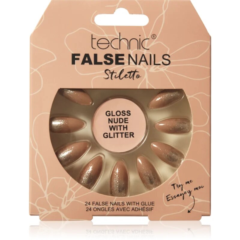 Technic Cosmetics False Nails Stiletto műköröm Gloss Nude with Glitter 24 db