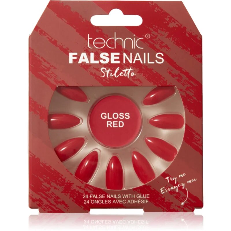 Technic Cosmetics False Nails Stiletto műköröm Gloss Red 24 db