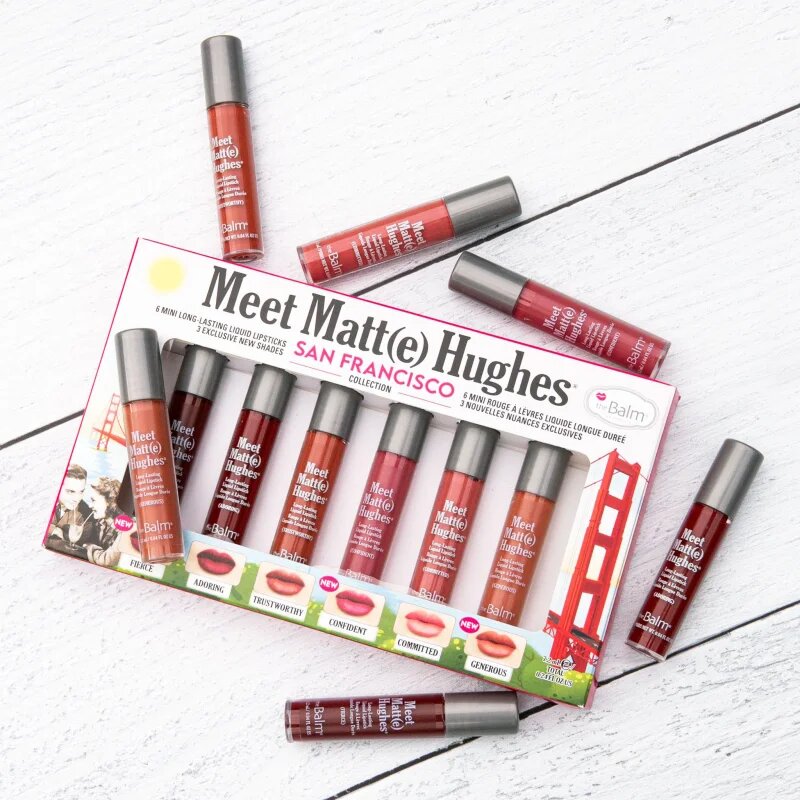 theBalm Meet Matt(e) Hughes Mini Kit San Francisco folyékony rúzs szett a hosszan tartó hatásért 6 db